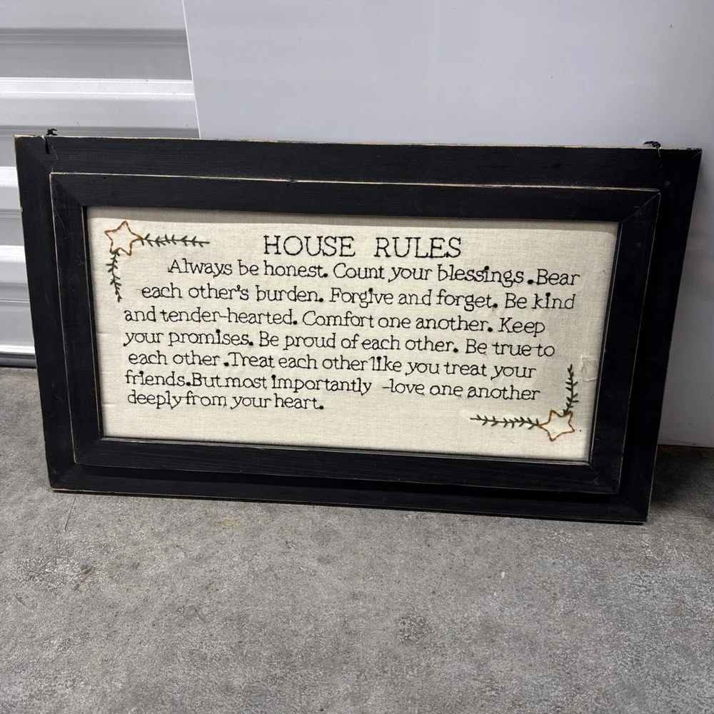 HOME Decor Framed House Rules Hand Embroidery Crewel‎ Family Love Respect Rustic